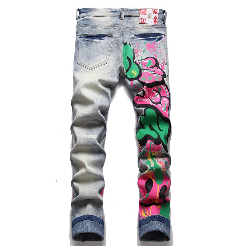 Men Colored Doodle Painted Denim Jeans Streetwear Punk Stretch Denim Print Pants Buttons Fly Holes Ripped Slim Pencil Trousers