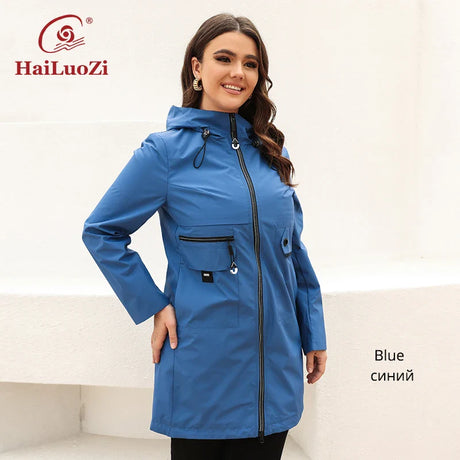 HaiLuoZi 2022 Women's Trench Coat Plus Size Jacket for Women spring Short Parka Hooded Casual Windbreaker Pockets Outwear 2202