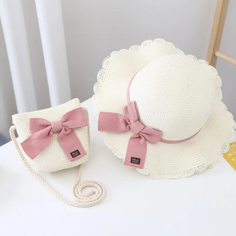 2pcs Set Summer Straw Hat With Bag For Girls Casual Bowknot Sunhat Children Protection Visor Caps Outdoor Beach Bucket Hat