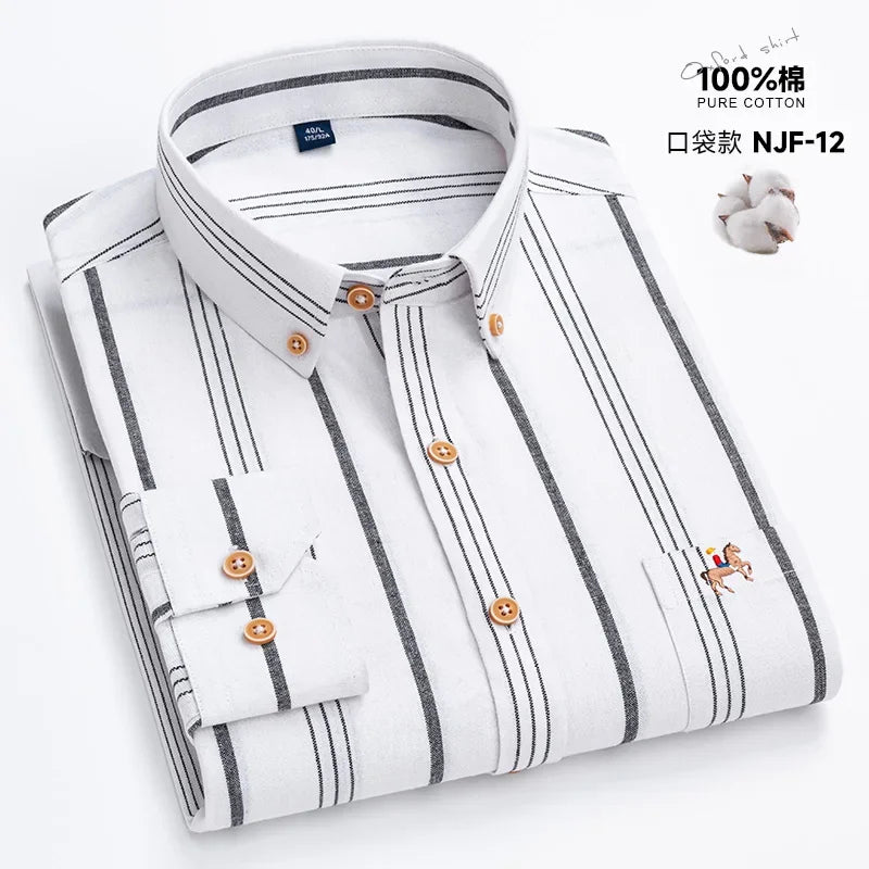 M~6XL Men's Shirt Long Sleeve Cotton Oxford Fashion Casual One Pocket Regular Fit Striped Business Formal Shirt