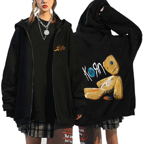 Korn Rock Band Sweatshirts WORLD TOUR Hoodies Cartoon Vintage Metal Gothic Streetwear Zip Up Jackets Tops Fleece Oversized Coats