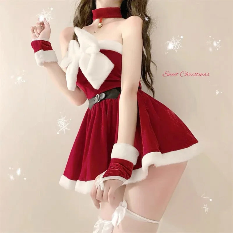 Santa Girl Christmas Dress Female Sense Carnival Dress Up Party Show Costume Red Bowdress Flannel Cosplay Holiday Party Kawaii