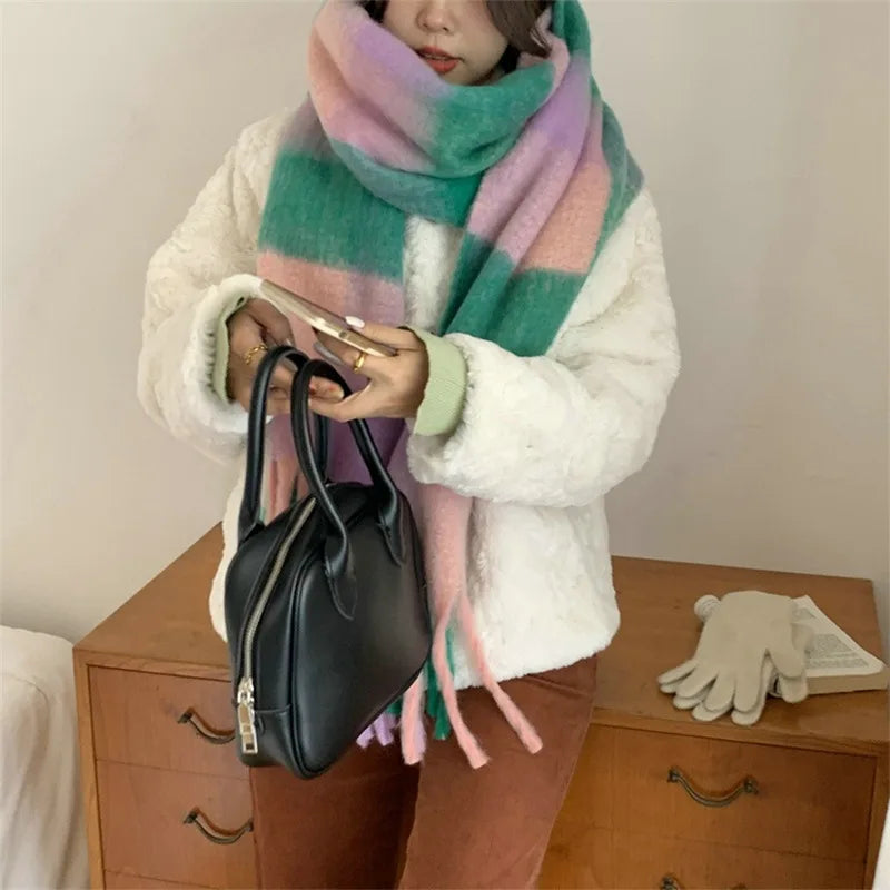 Winter Women Plaid Scarf Winter AC Pamanhmina Shawls Cashmere Thick Wraps Lady Tassel Warm Scarves Rainbow Hairy Bufanda Man