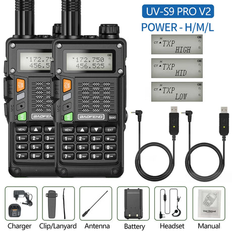 2PCS BaoFeng UV-S9 Pro V2 Walkie Talkie 10KM Long Range Transceiver Communicator Waterproof 10W Powerful UHF VHF Two Way Radio