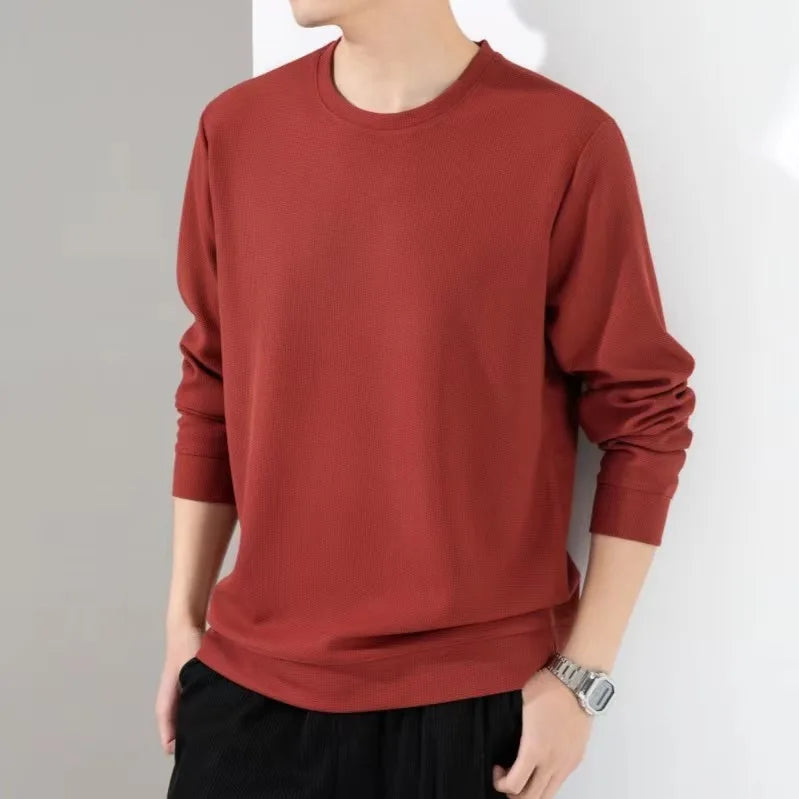 2024 Autumn Hoodies Men New Fashion Casual Slim Fit Waffle Round Neck Sweatshirts Men's Fashion Long Sleeve Undershirts