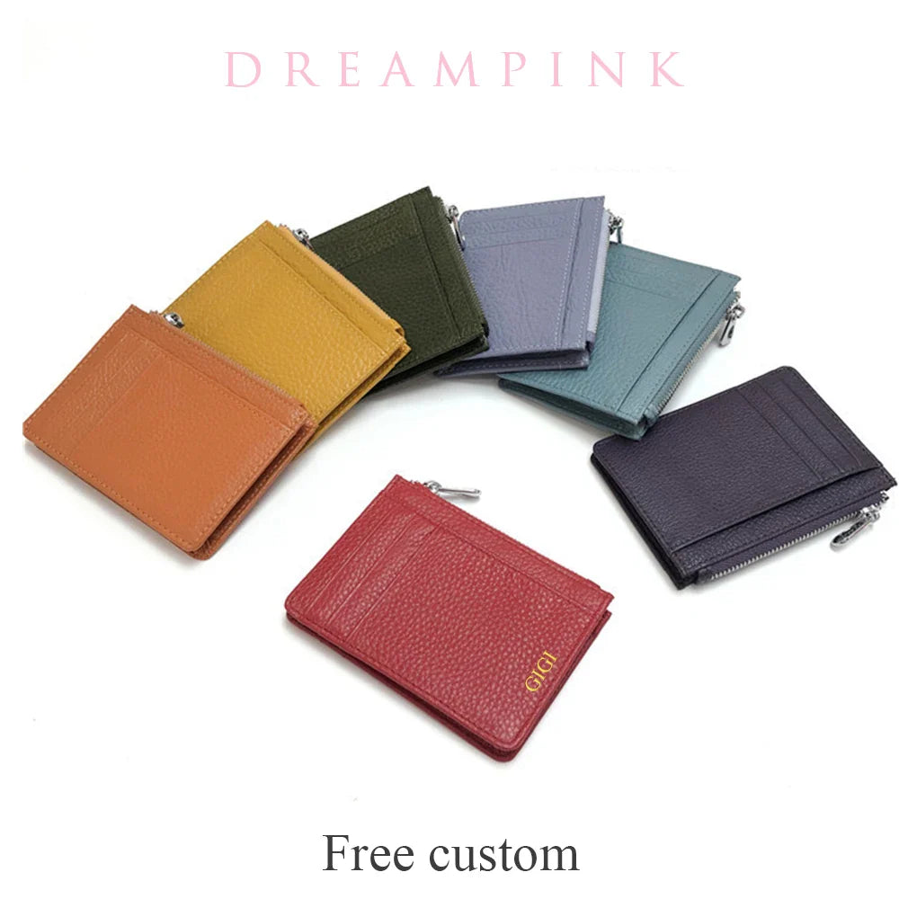 Personalize Initials Mini Wallet 100% Genuine Leather Zipper Coin Purse Card Holder For Men Women Custom Letters Gift Money Bag