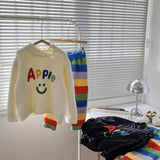 2024 Winter Children Girls 2PCS Clothes Set Cotton Warm Smiling Pullovers Rainbow Striped Trousers Kids Girls Loungewear Outfits