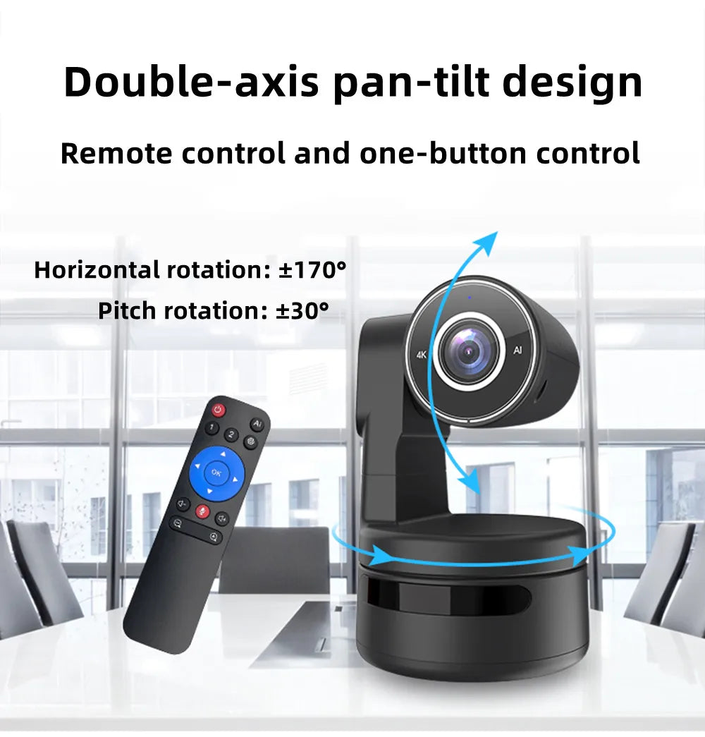 4K PTZ Webcam AI Function with Mics Camera 4X Digital Zoom Auto Track Focus for Youtube Living Stream Online Meet Video Camera