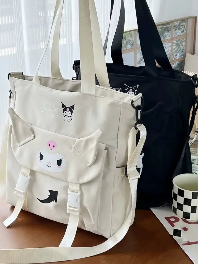 Sanrio Cartoon Cute Kuromi Shoulder Crossbody Tote Bag High School and College Student Canvas Bag for Class Tuition Bag