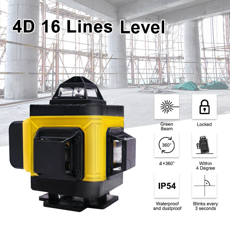 Pracmanu 16 Lines 4D Laser Level Horizontal & Vertical Cross Line Green Beam 360° Self-Leveling Laser Level with Remote Control