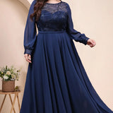 Plus Size Elegant Dress Round Neck Chiffon Mesh Sequins Long Sleeve Evening Gowns Large Fashion Party Wedding Bridesmaid Dresses