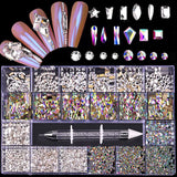 2800pcs Luxury Shiny Diamond Nail Art Rhinestones Crystal Decorations Set AB Glass 1pcs Pick Up Pen In Grids Box 21 Shape