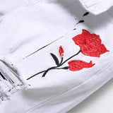 Men Rose Embroidery Jeans Fashion Holes Ripped Stretch Denim Pants Bottom Zipper Slim Tapered Pencil Trousers White Black