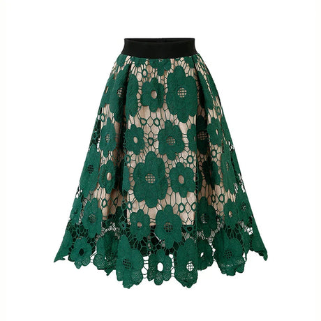 Elegant Summer Boho Lace Skirts Women Vintage Mesh Hollow Out Midi Plus Size Skirt Elastic Waist A-Line Saias Black Red Green