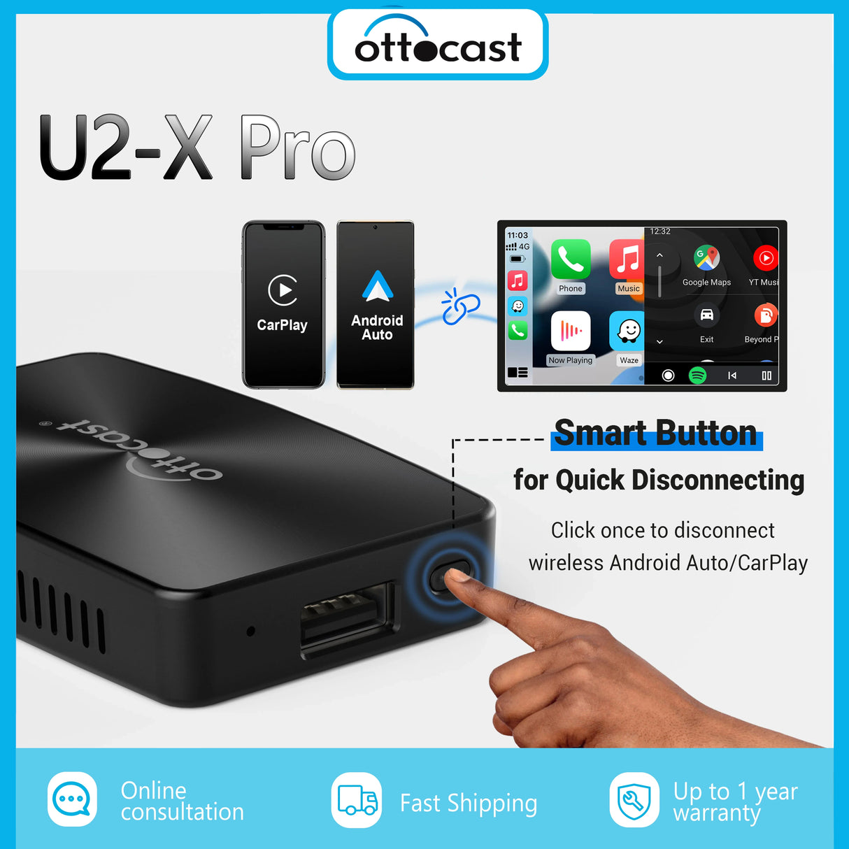 OTTOCAST U2 X PRO Android Auto CarPlay 2 in 1 Wireless Bluetooth Adapter USB Dongle Car Intelligent System Automotive Multimedia