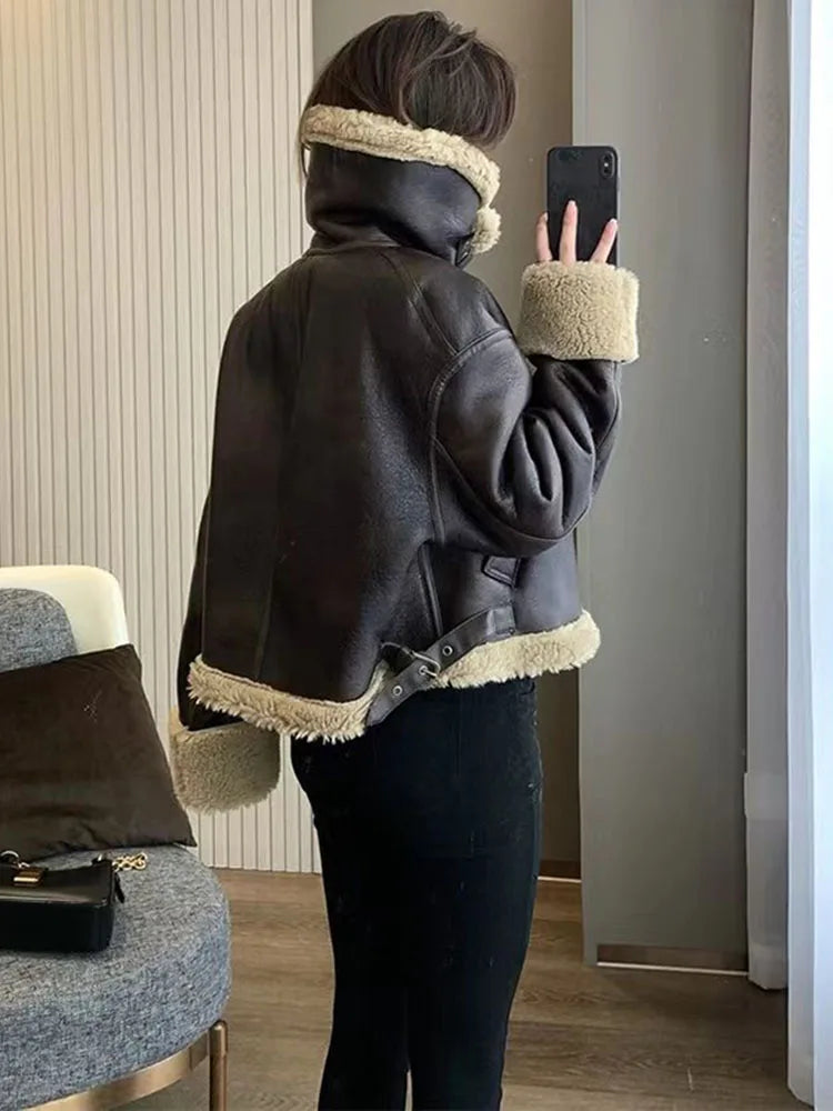 Winter Warm Waterproof Sheepskin Lamb Coat Thick Loose Parka Faux Fur Leather Jacket Female Plus Size Zipper Moto Biker Outwear