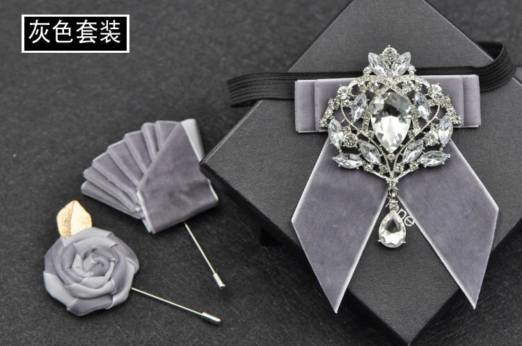 Men's Wedding Bow Tie Pins Set Luxury Rhinestone Velvet Collar Flowers Business Banquet Suits Accessories Handmade Jewelry Gifts