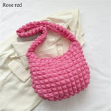 Plaid Quilted Shoulder Bag Cute Pleated Bubbles Solid Color Tote Bag Large Capacity Embroidered Satchel Bags Women