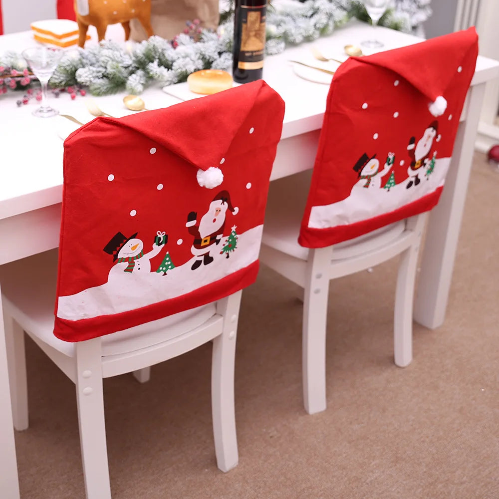 Christmas Santa Claus Snowman Chair Cover Red Printing  Stool  Restaurant Decor For Home Party Ornaments