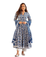 Women Cotton Printed Anarkali Kurta with Palazzo Dupatta Set 3/4 Regular Sleeves