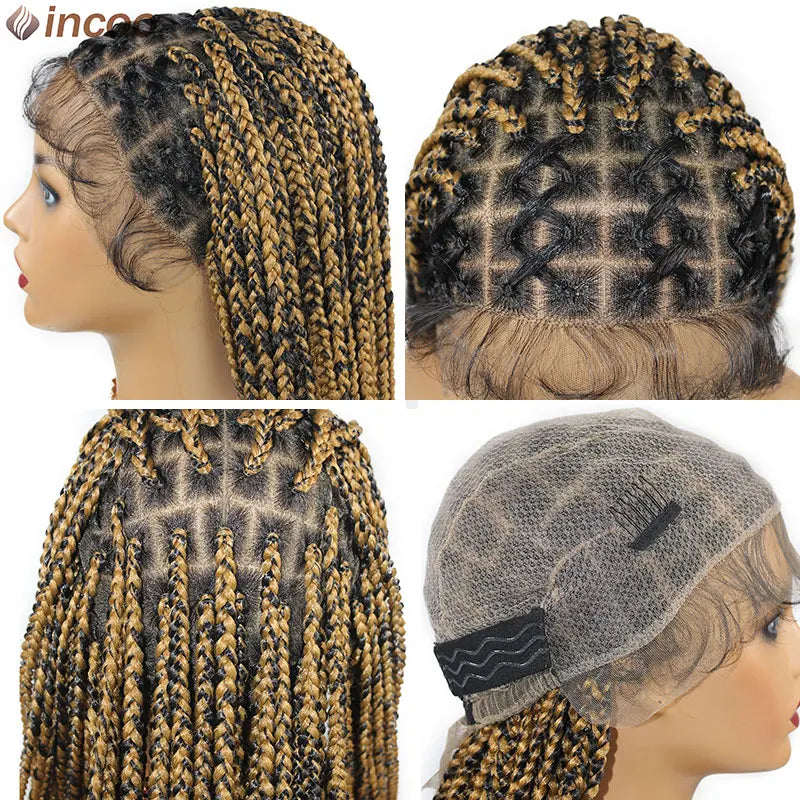 Ombre Blond Box Braided Full Lace Women's Wigs 36" Knotless Crisscross Lace Front Box Braids Wig Super Long Synthetic Braid Wig