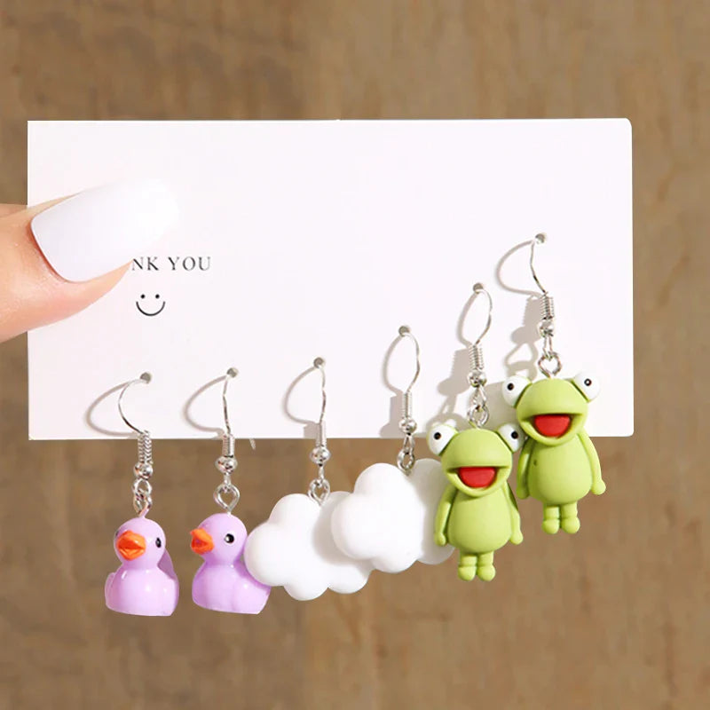 17KM Cartoon Frog Duck Earrings Set Animal Butterfly Cute Dangle Earrings for Women Geometric Bear Cloud Earring Trendy Jewelry