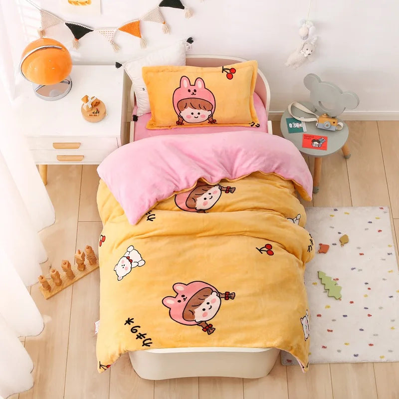 Baby Cartoon Print Bedding Set Duvet Covers Pillowcases Set Autumn Winter Warm Suede Bedclothes Bed Linen CP29