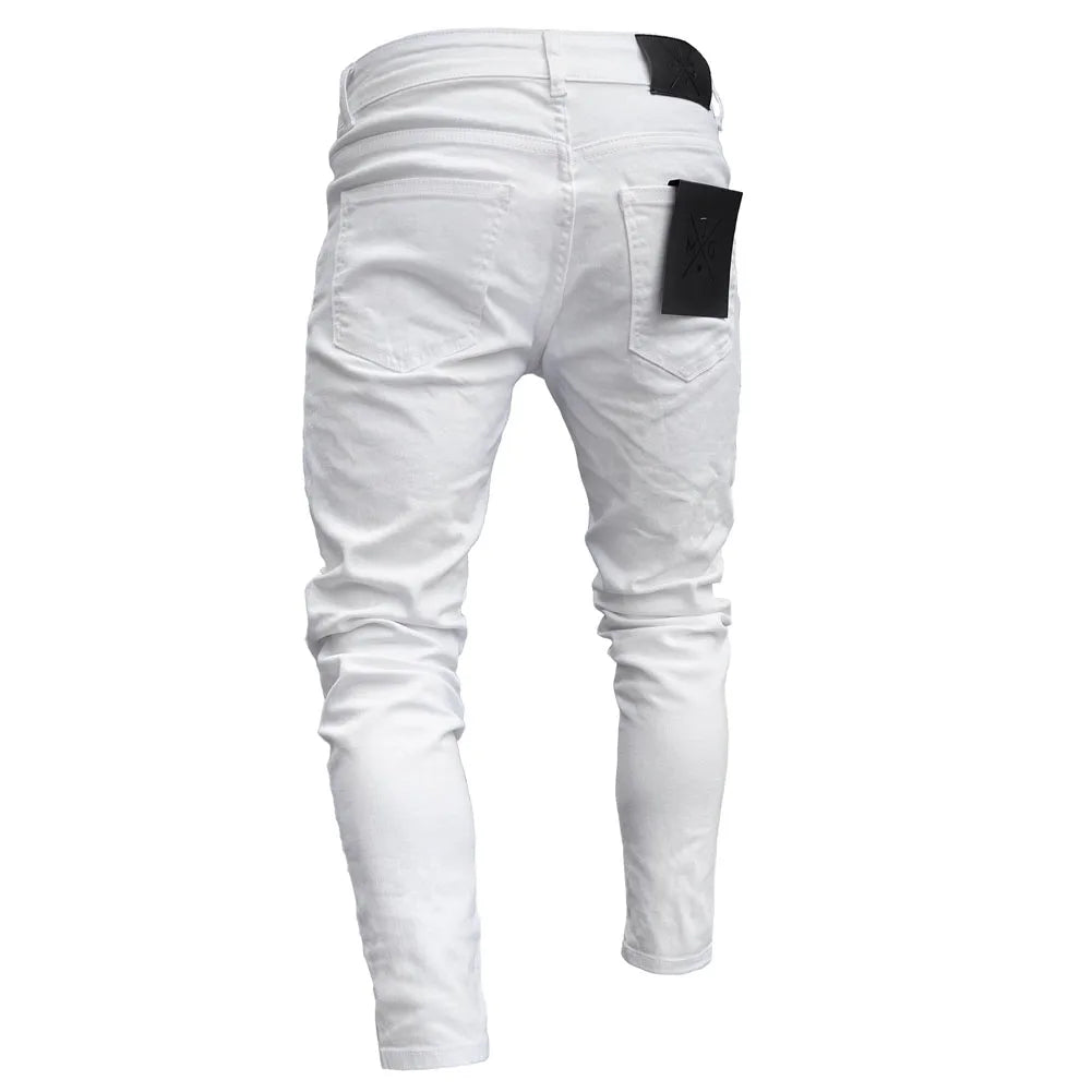 White Embroidery Jeans Men Cotton Stretchy Ripped Skinny Jeans High Quality Hip Hop Black Hole Slim Fit Oversize Denim Pants