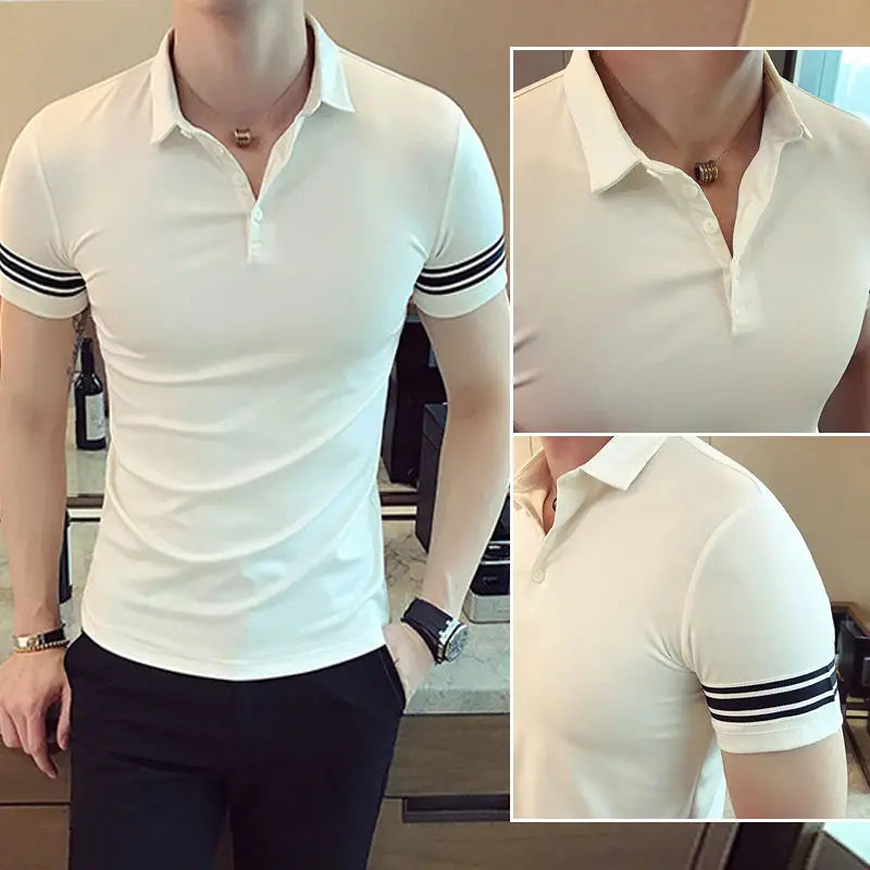 Short Sleeve Shirt for Men 2023 New Solid Polo Business Summer Ice Silk Turn-down Collar Stripe Button Casual Fashion Tops