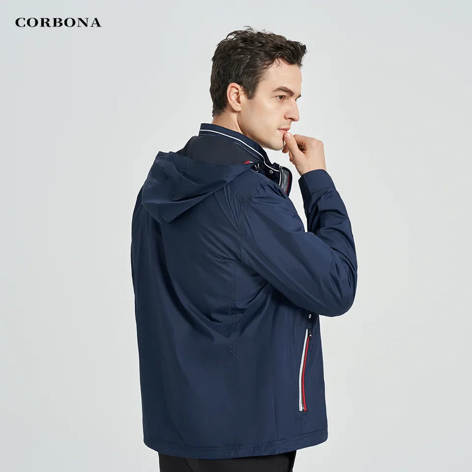 CORBONA 2024 New Men Lightweight Jacket Spring Summer Windproof Coat Trip Fashion Casual Outdoor Longsleeve Detachablehat Parka