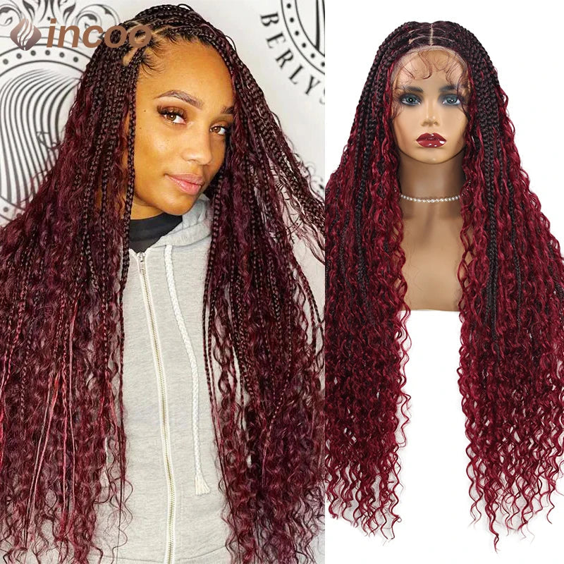 32" Full Lace Front Boho Box Braided Wigs For Women Cornrow Braids Lace Frontal Wigs Bohemian Goddess Locs Braid Synthetic Wig