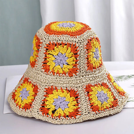 Colorful Crochet Straw Bucket Hat Handmade Knitted Flowers Beach Fisherman Hat for Women Sunshade Cap Vintage Accessories