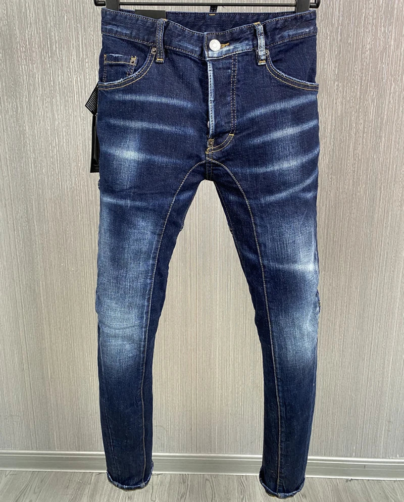 new brand dsq Men Jeans Badge Printed dsq Coolguy Beggar Denim Long Pants Straight Pockets Hole Zipper Button blue jeans pant