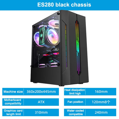 Power Train ES280 ATX Case Computer Competitive Game Chassis RGB Colorful Light Bar Support 240 Water Cooled 8-Fan Position Case