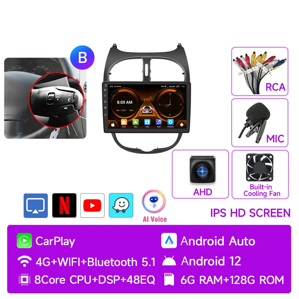 JIUYIN Car Radio For Peugeot 206 206CC 206SW 2001 - 2008 wireless CarPlay Android Auto car intelligent systems No 2 din 2din DVD