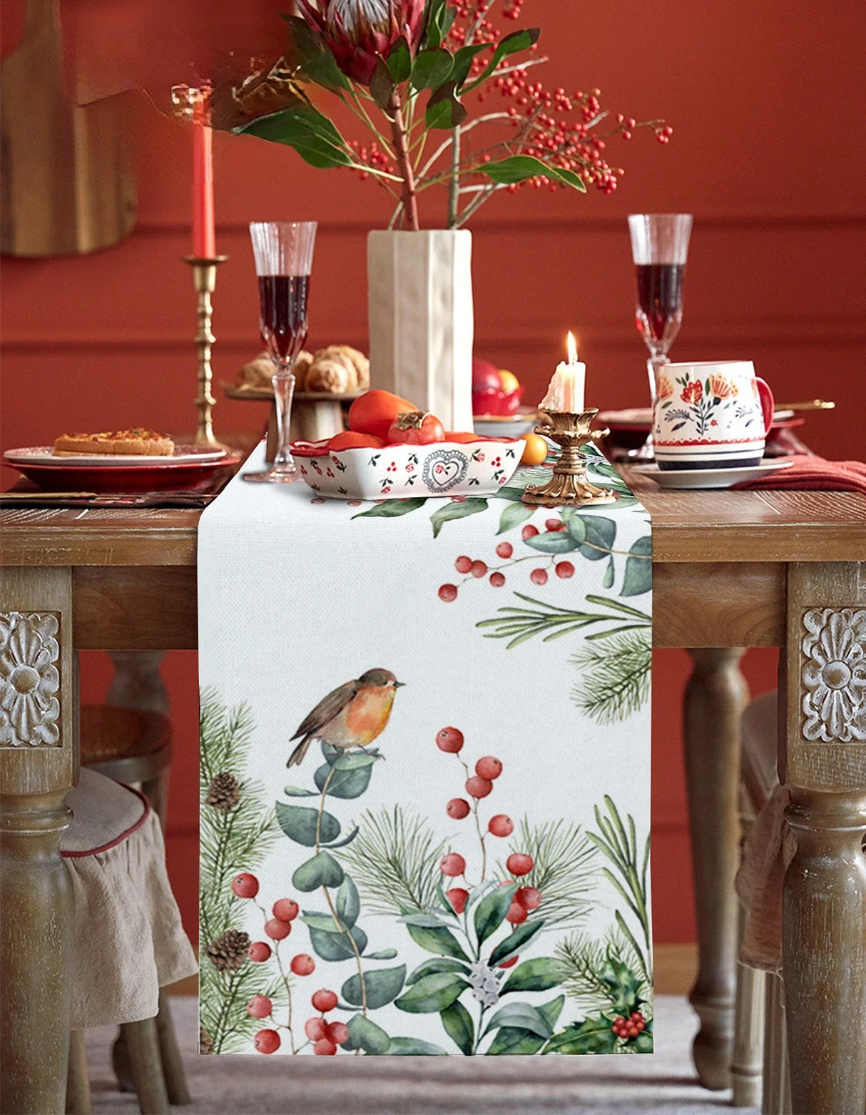 Modern Elegant Table Runner Eucalyptus Berries Robin Table Runner Christmas Wedding Decoration Tablecloth Home Party Decor