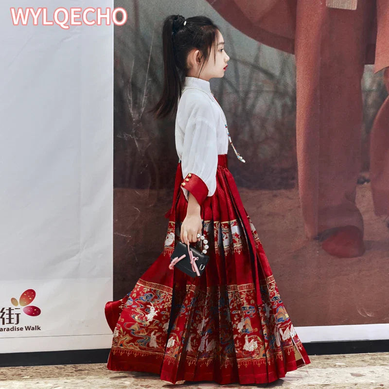 2024 NEW Summer Chinese Hanfu Dress For Girls Traditional Embroidery Horse-face Skirt For Kids Princess Hanbok