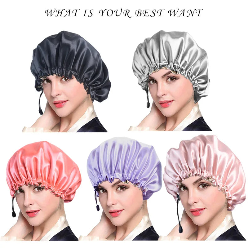 Ladies Satin Nightcap Solid Color Simple Drawstring Adjustable Hair Care Bandana Double Sided Shower Cap Chemo Head Cover