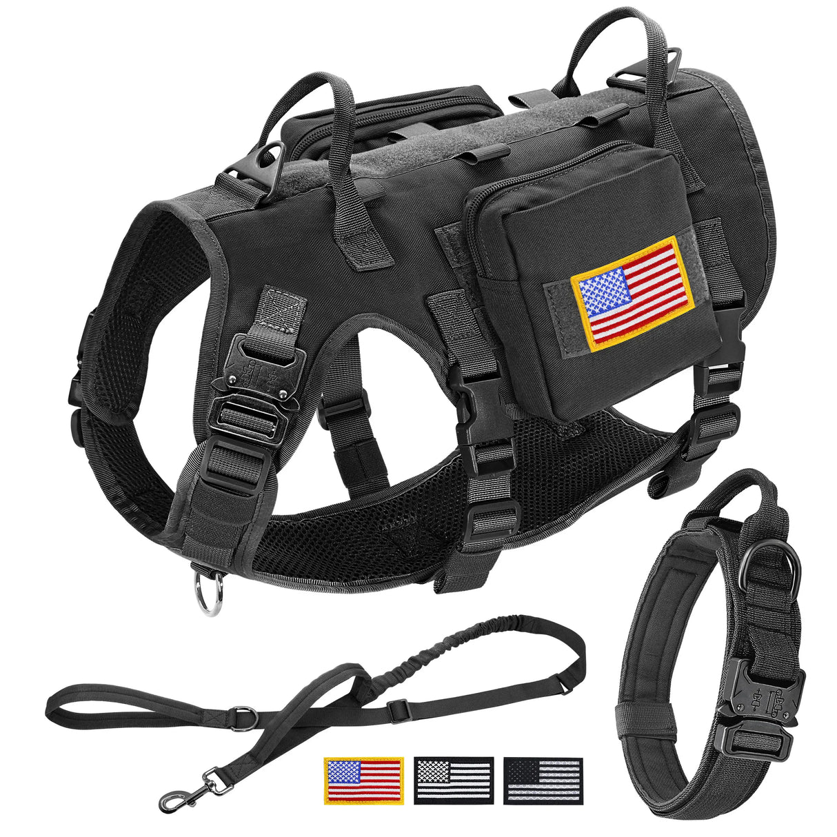 Tactical Military Dog Harness Collar Leash Set Durable Big Dog Training Harness Vest MOLLE For Large Dogs With Pouches Flag