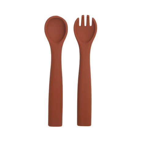 Food Grade Baby Soft Silicone Spoon Fork Set Toddler Training Tableware Non-Slip Kids Solid Color Feeding Utensils For Boy Girls