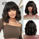 ESIN Synthetic Black Brown Medium Long Loose Body Wave Wig with Bangs Cosplay Daily Natural Wigs for Women Heat-resistant Hair