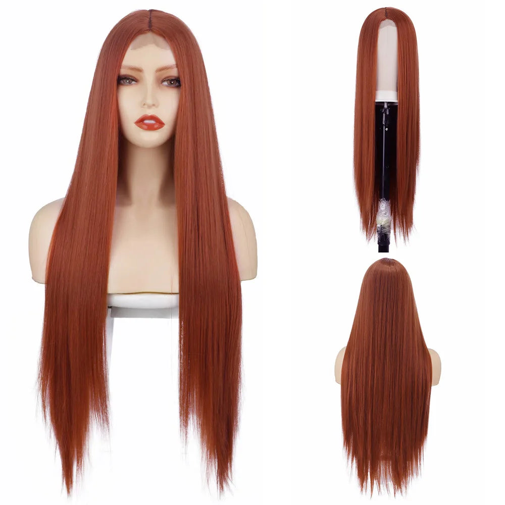 Peach Long Straight Red Pink Natural Hairline Wig For Fashion Ladies Heat Resistant Synthetic lace Wigs cosplay glueless wig