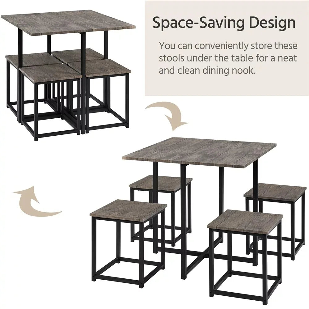 5Pcs Dining Set with Industrial Square Table and 4 Backless Chairs, Dining Room set