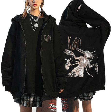 Korn Rock Band Sweatshirts WORLD TOUR Hoodies Cartoon Vintage Metal Gothic Streetwear Zip Up Jackets Tops Fleece Oversized Coats