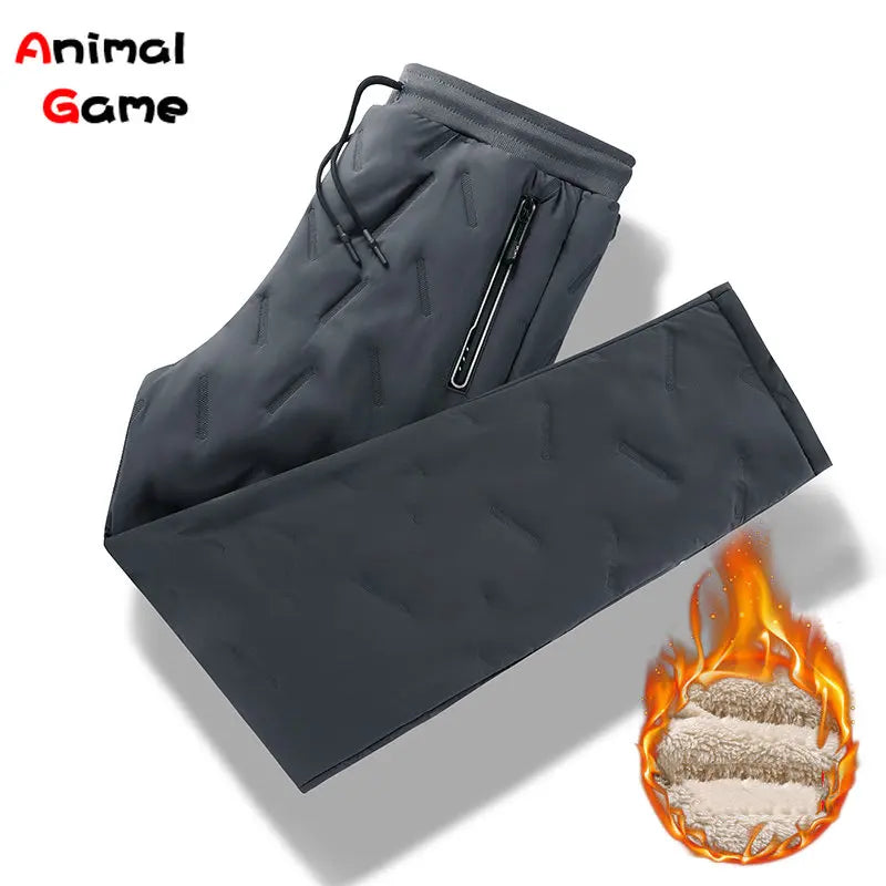 Winter Zip Pockets Thicken Fleece Sweatpants Men Jogger Black  Down Sport Warm Pants Male Water Proof Thermal Trousers