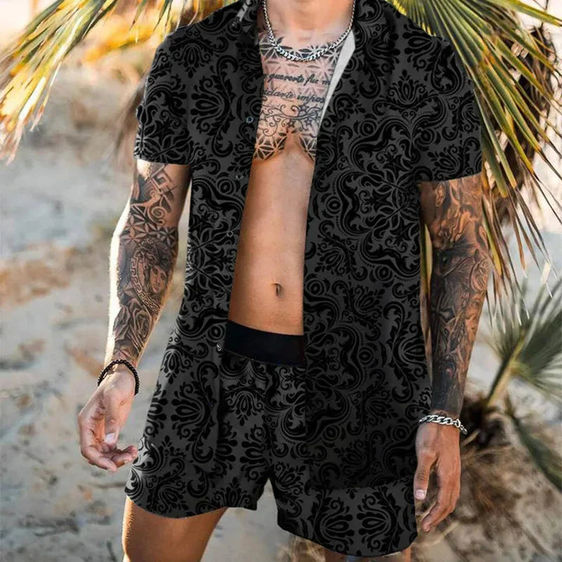 Men Hawaiian 2Pcs Sets Summer 3D Print Short Sleeve Shirt Beach Button Shorts Streetwear Shirt Holiday Men's Two Piece Suit