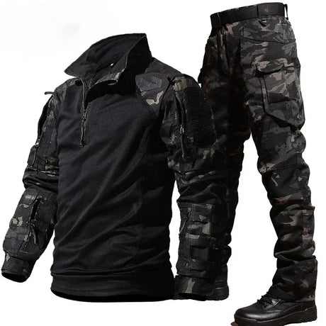 Men's Military Tactical Suit Outdoor Durable Breathable T-shirt Cargo Pants Set Waterproof Suits Multiple Pockets Camo 2 Pcs Set