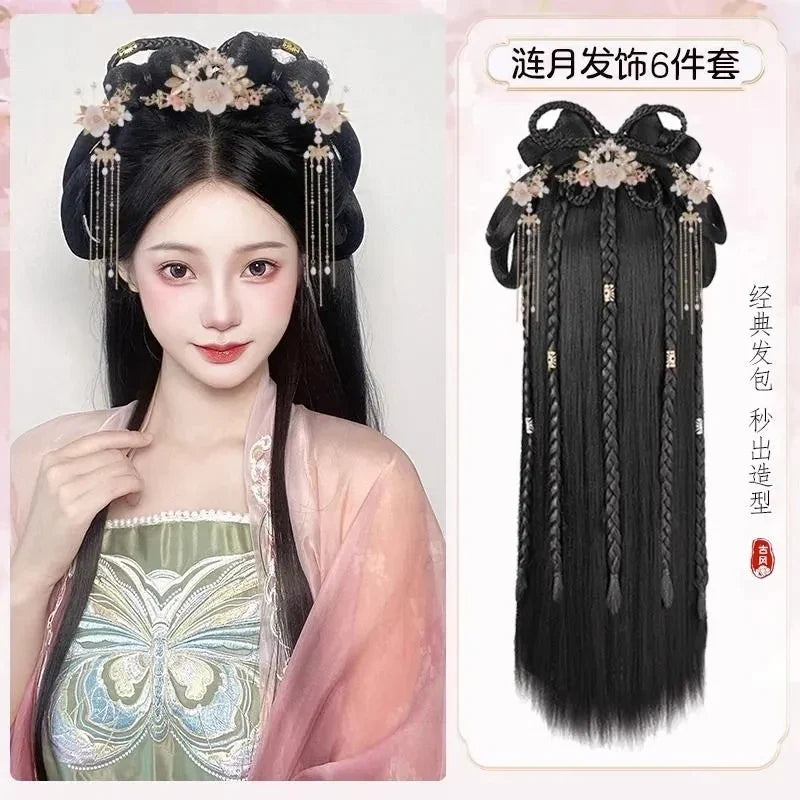 Hanfu Cosplay Wigs Women Black Anime Ancient Chinese Hanfu Wigs Headgear Accessories Hanfu Long Straight Wigs Black Wig Headband