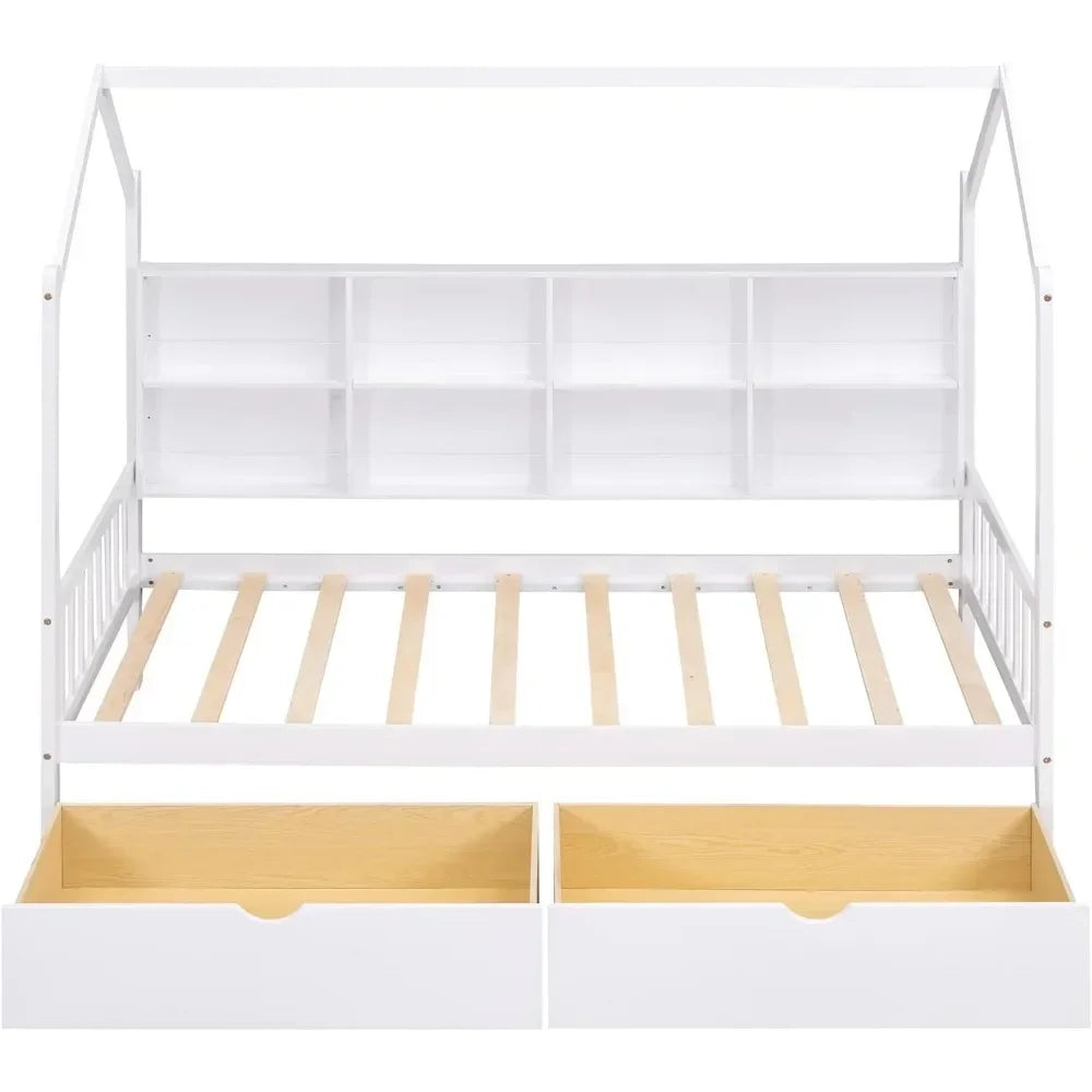 Twin Room Bed with Drawers for Children, Wooden Children's Bed Frame with Roof Design, Suitable for Boys, Girls (twin, White)