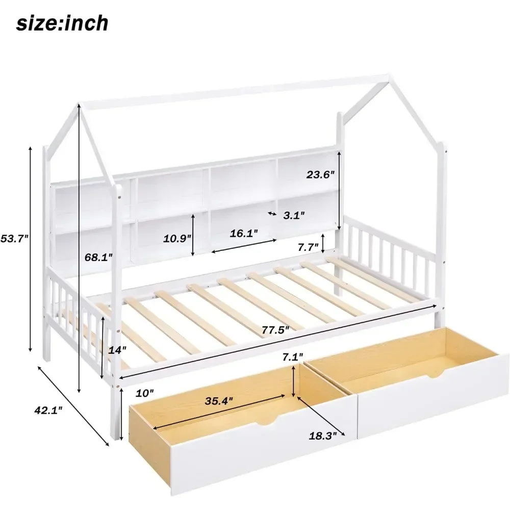 Twin Room Bed with Drawers for Children, Wooden Children's Bed Frame with Roof Design, Suitable for Boys, Girls (twin, White)